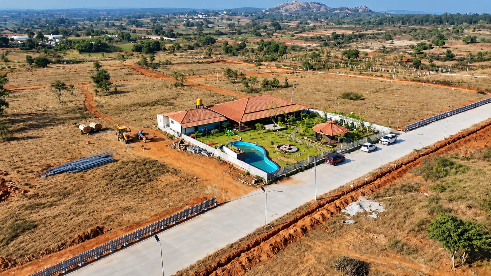 Aerial View with Farmhouse and Swimming Pool